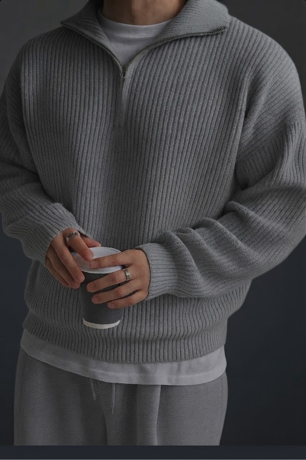 Men's Long Sleeve Owersize Stand Collar Thick Winter 100% Cotton Knitwear Sweater