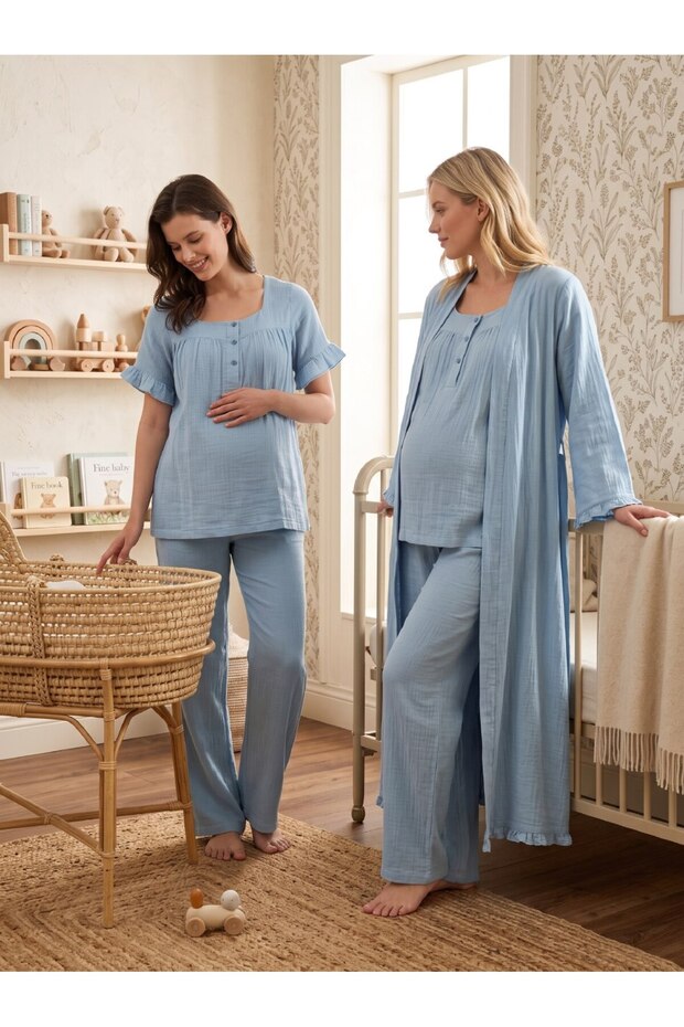 New Season Indigo Muslin Fabric Special Design Short Sleeve 100% Cotton Maternity Pajama Set with Breastfeeding Feature