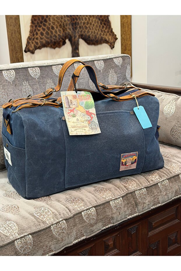 Old Cotton Cargo Genuine Leather Detailed Canvas Travel and Sports Bag Blue / Navy Blue