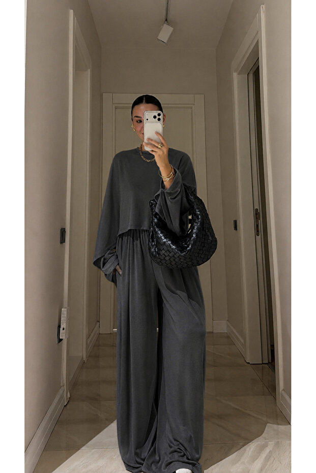 Anthracite Bat Sleeve Detailed Trousers Set - 4025