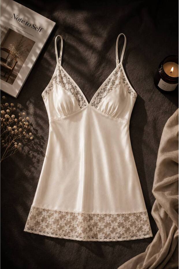 Lace Detailed Satin Strap Soft Textured Nightgown
