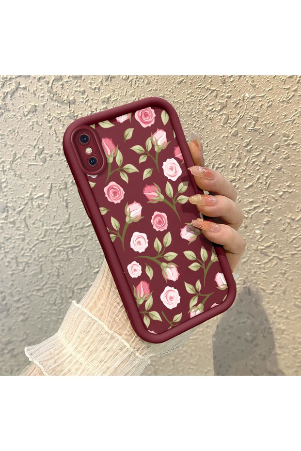 iPhone XS Max Compatible Burgundy Background Rose Flower Pattern Soft Silicone Shockproof Case