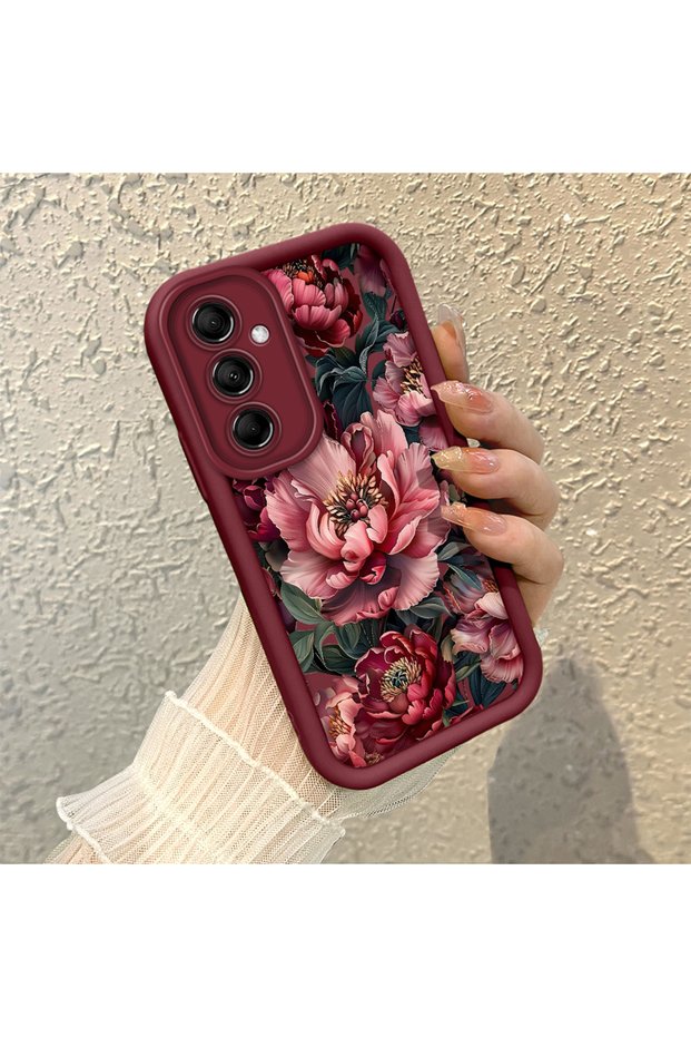 Samsung Galaxy M14 5g Compatible Stylish Burgundy Frame Nostalgic Peony Pattern Daily Use Case