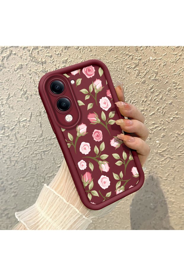 Vivo Y29T 5g Compatible Burgundy Background Rose Flower Pattern Soft Silicone Shockproof Case