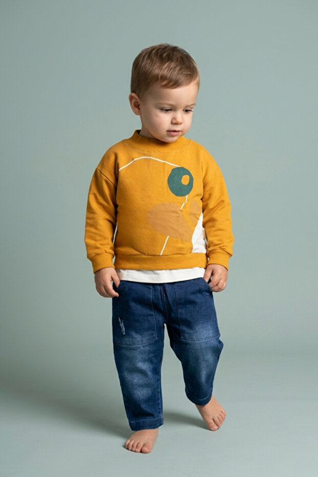 Baby Boy 2-Piece Set Geometric Patterned Sweatshirt Relaxed Fit Jean Trousers