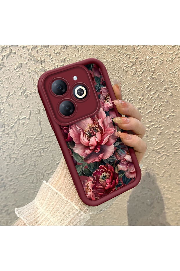 Infinix Smart 8/8 Pro Compatible Stylish Burgundy Frame Nostalgic Peony Pattern Daily Use Case