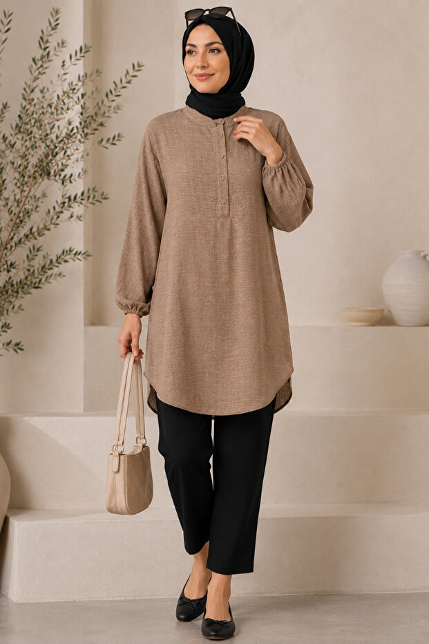 Women's Half Button Detail High Collar Wide Size Tunic