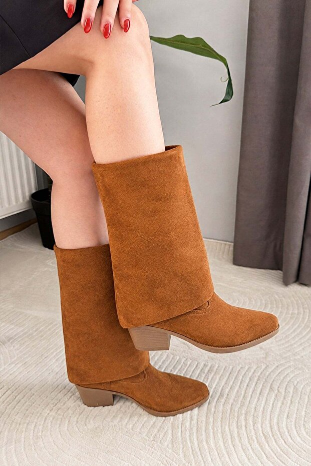 Women's Sania Tan Suede Cowboy Boots with 5 cm Heel