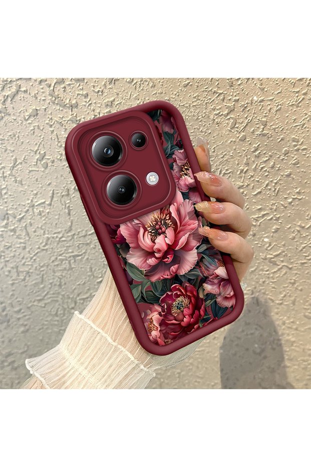 Poco M6 Pro 4g Compatible Stylish Burgundy Frame Nostalgic Peony Pattern Daily Use Protective Case