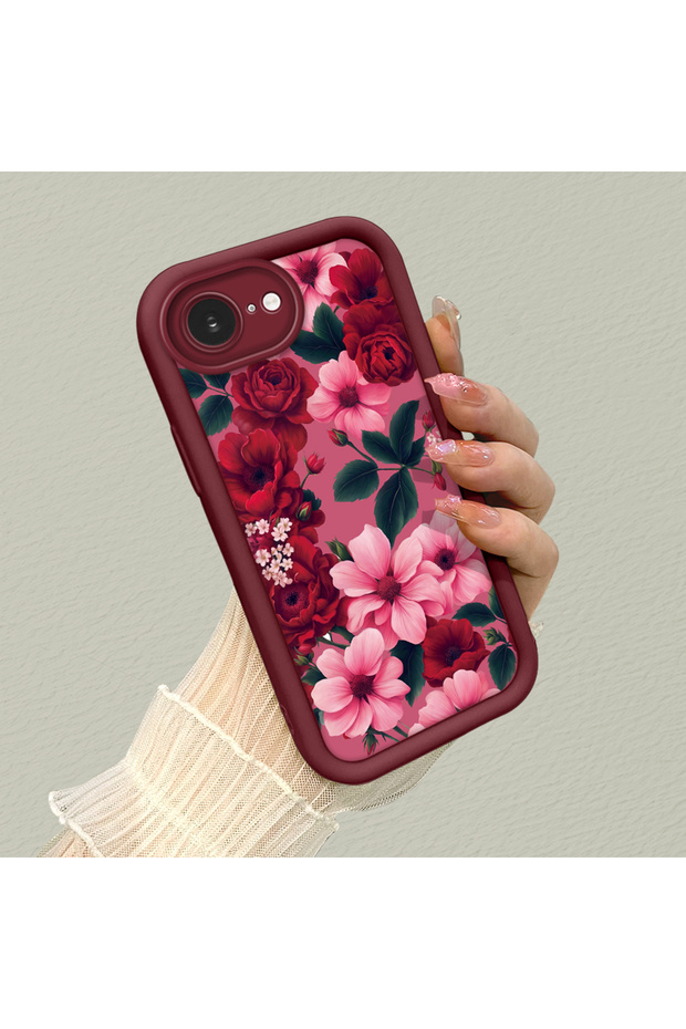 iPhone 16E Compatible Pink Ground Vivid Color Floral Pattern Shockproof Silicone Case