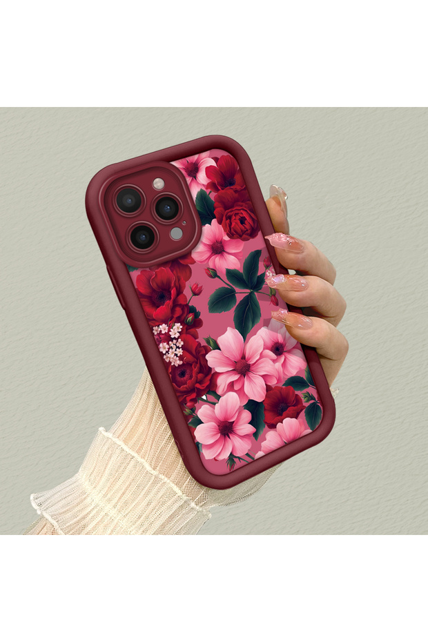 iPhone 15 Pro Max Compatible Pink Ground Vivid Color Flower Pattern Shock Resistant Silicone Case