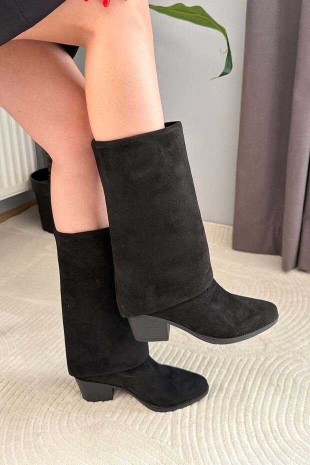 Women's Sania Black Suede Cowboy Boots with 5 cm Heel