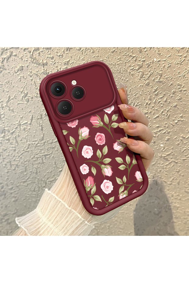 Tecno Spark 40 Compatible Soft Silicone Shockproof Case with Burgundy Background Rose Flower Pattern