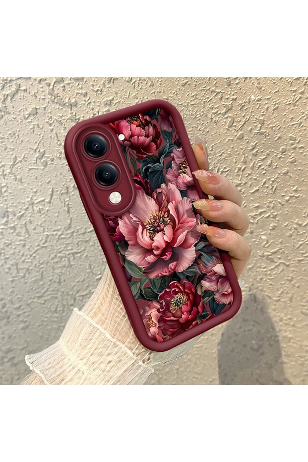 Vivo Y04/Y19/Y29S Compatible Stylish Burgundy Frame Nostalgic Peony Pattern Daily Use Protective Case