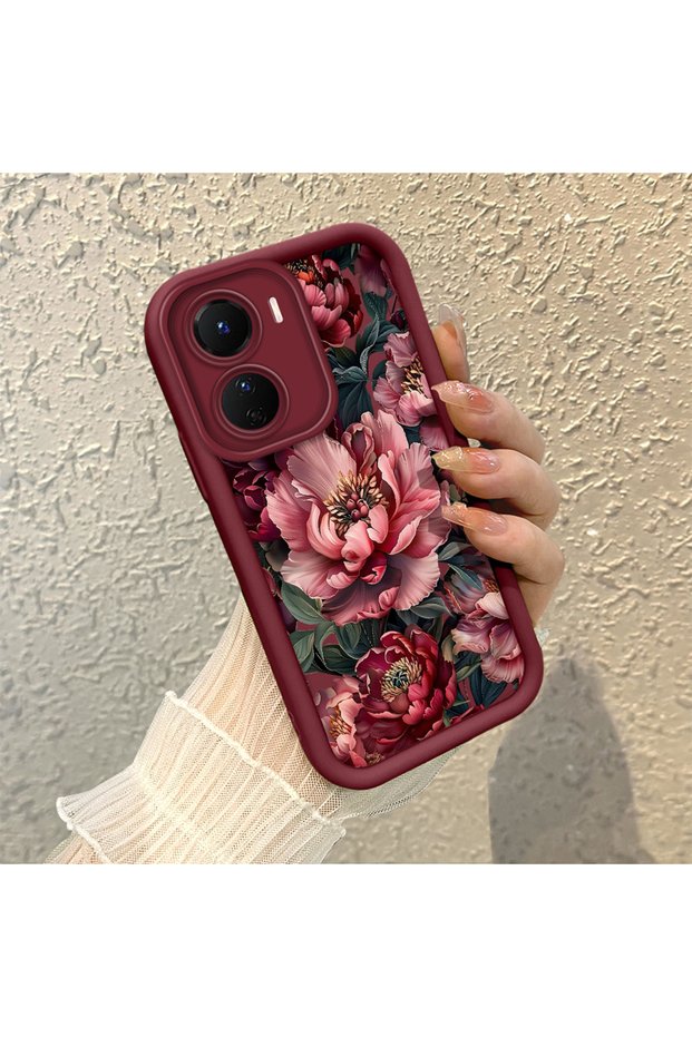 Vivo Y16 Compatible Stylish Burgundy Frame Nostalgic Peony Pattern Daily Use Protective Case
