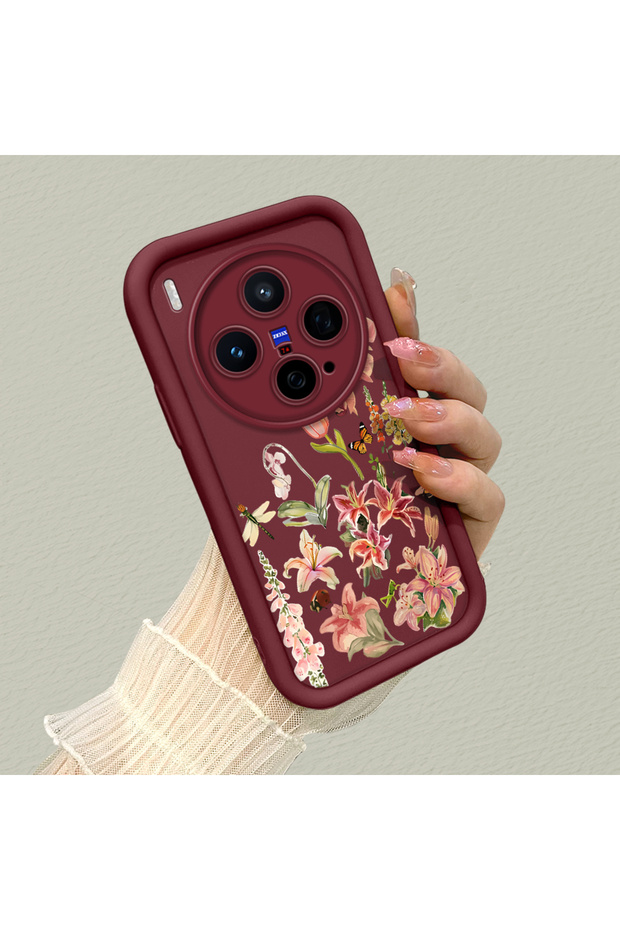 Vivo X300 Compatible Burgundy Background Roses Flower Pattern Soft Silicone Shockproof Case