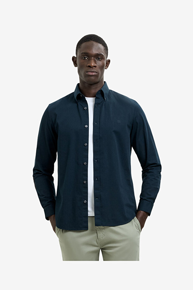 Men's Long Sleeve Twill Navy Blue Oxford Shirt