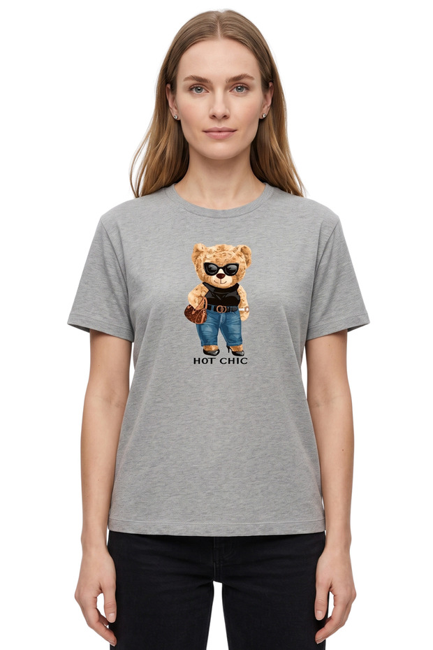Women's Gray Hot Chic Teddy Bear Printed 100% Cotton Comfortable Fit T-Shirt