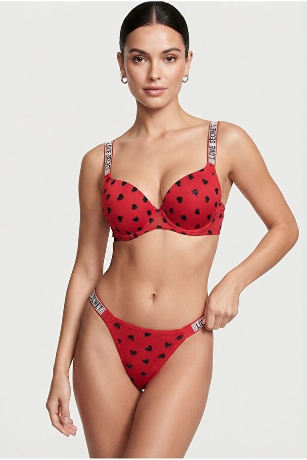 Red Heart Stone Strap Push-Up Bra Set