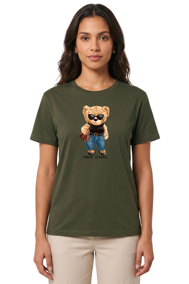 Women's Khaki Hot Chic Teddy Bear Printed 100% Cotton Comfortable Fit T-Shirt