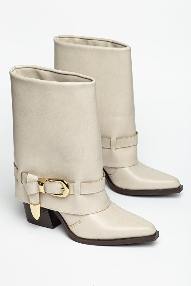Women's Western Cowboy Boots with Pointed Toe and Buckle, Thick Heeled