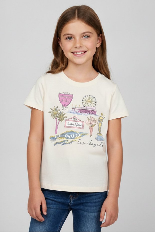 Kids Girl Crew Neck Short Sleeve Graphic Print T-Shirt, Cream