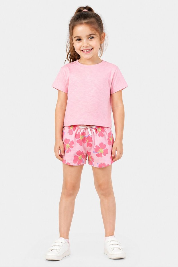 Kids Girls 3 Pieces Floral T-Shirt And Shorts With Iron On Badges Set, Pink