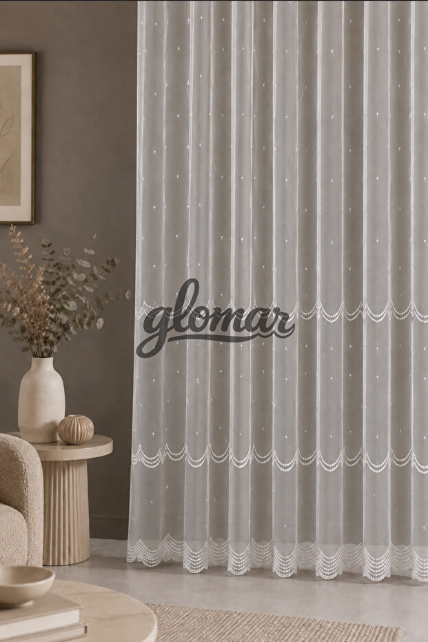 Embroidered Skirt with Dot Pattern 1/3 Sik Pleated Tulle Curtain Suitable for Every Room Ready-Made Tulle with Cornice Buttons