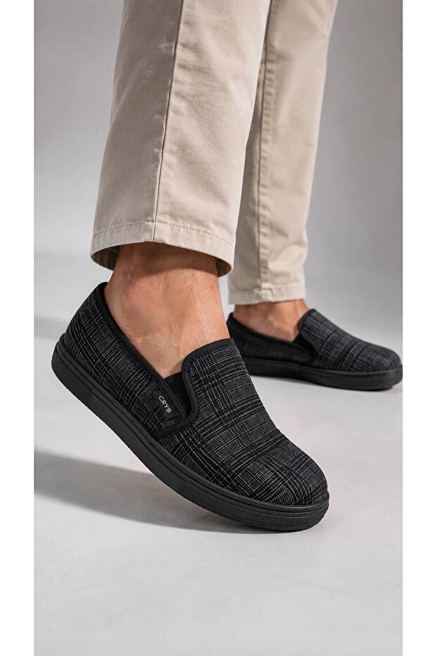 Cryb + Men's + Black + Navy Blue + Checkered + Linen + Slip on + Casual Shoes