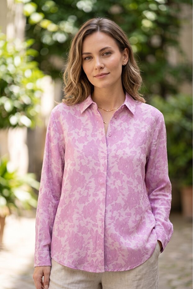Women's Plus Size Foldable Sleeves Buttoned Patterned Classic Collar Woven Tunic Shirt