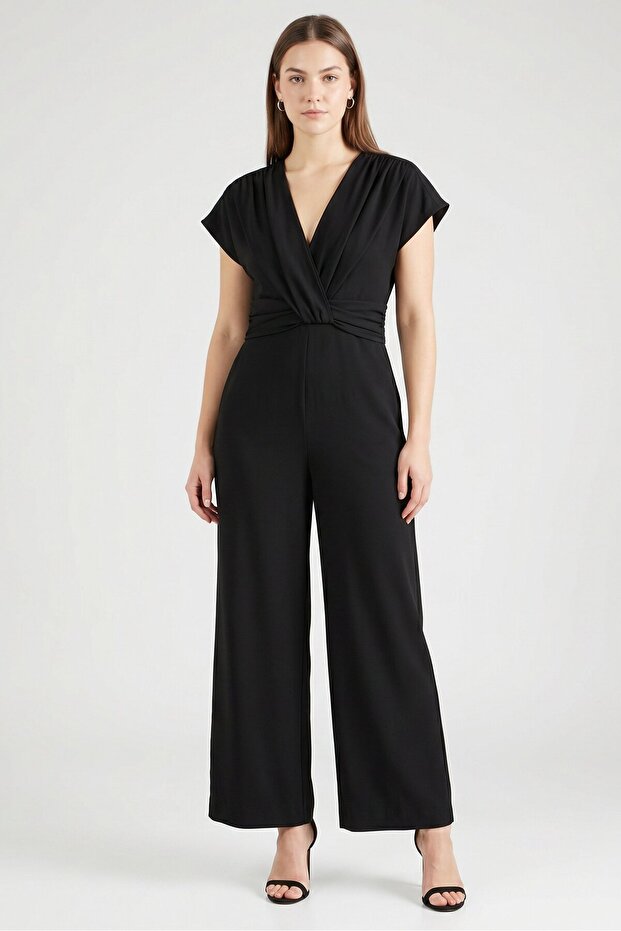 Boss Women V-Neck Solid Cap Sleeve Jumpsuit, Black