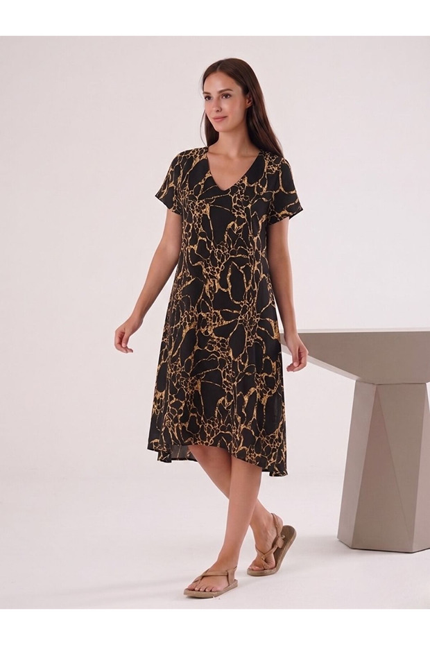 Women's Woven Viscose V-Neck Dress with Gold Pattern