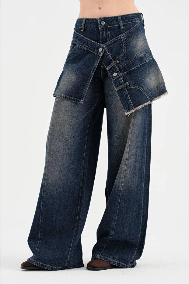 Women's Form-Fitting Palazzo Design Jeans with Skirt Attached
