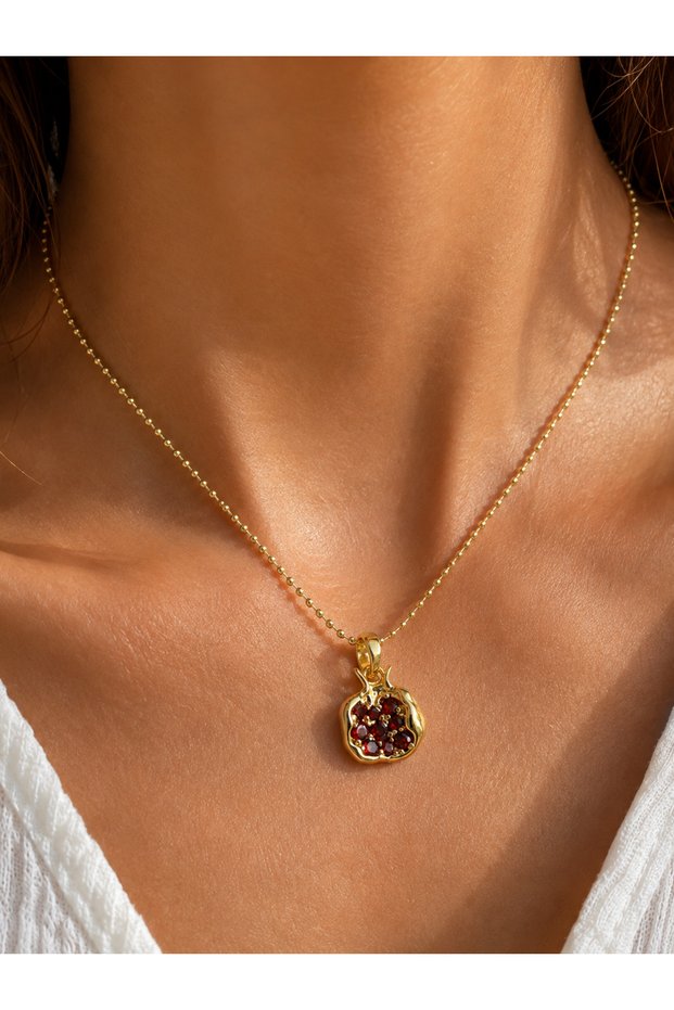 Abundance Symbol Pomegranate Seed Red Stone Women's Gold Necklace 🍎 ✨