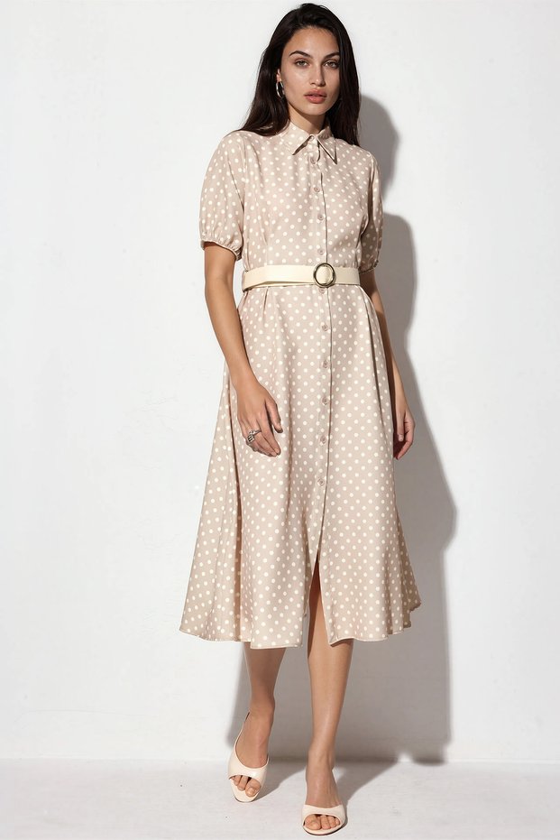Women's Short Sleeve Belted Polka Dot Dress 1549 - Beige