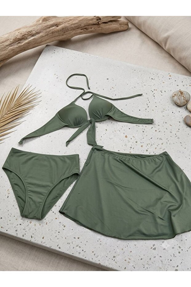3-Piece Supported Padded Skirted Bikini Set