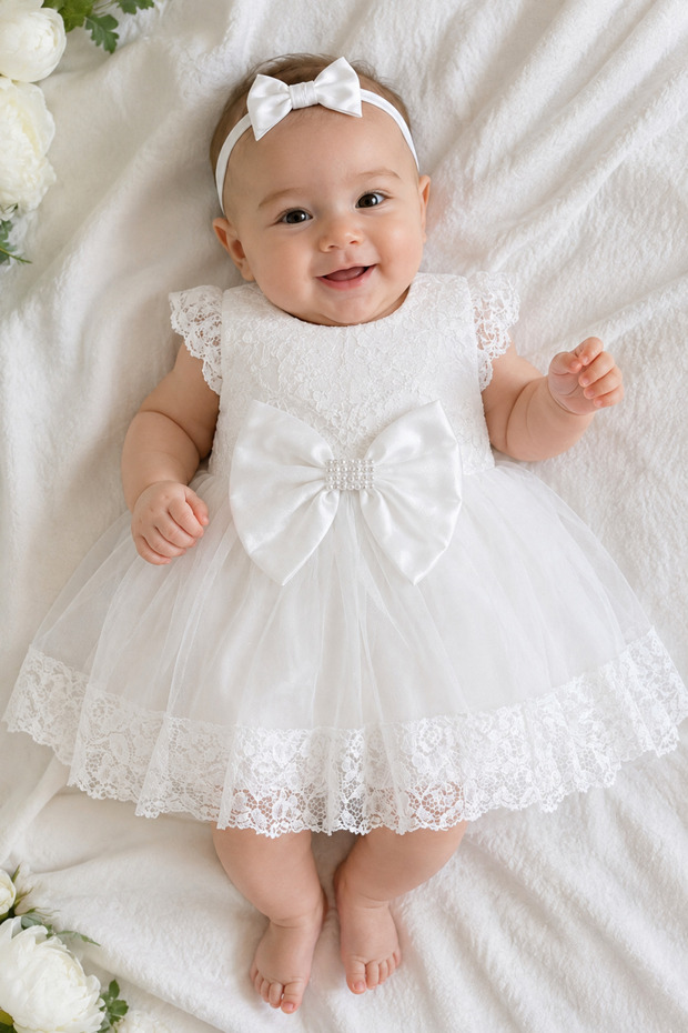 Baby Girl White Lace Tulle Evening Dress with Big Bow Special Occasion Dress 9996
