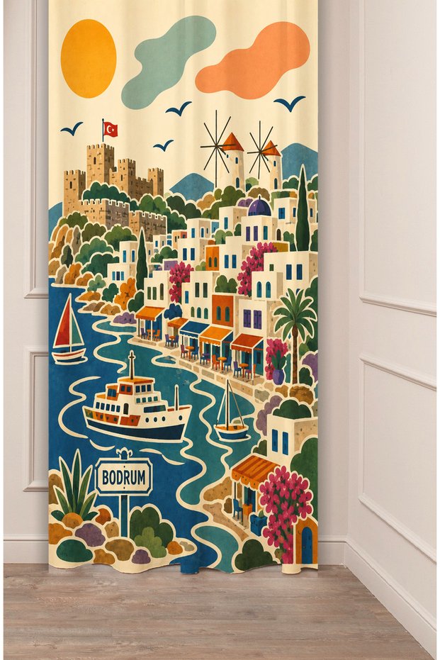 Bodrum Muğla Themed Retro Illustration Background Curtain - Bodrum Castle, Windmills & Aegean Streets White Houses Motif Aesthetic Digital Printed Curtain