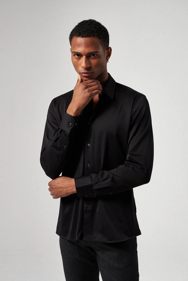 Slim Fit Siyah Oxford Örme Gömlek
