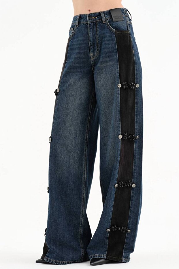 Women's Palazzo Fit Design Jeans with Suede Fabric Sides and Button Detailing