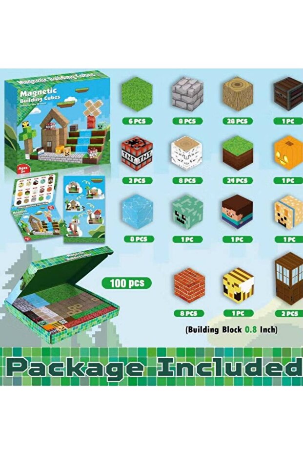 Magnetic Building Blocks Set (100 Pieces) - Minecraft-Inspired Creativity and Construction Fun