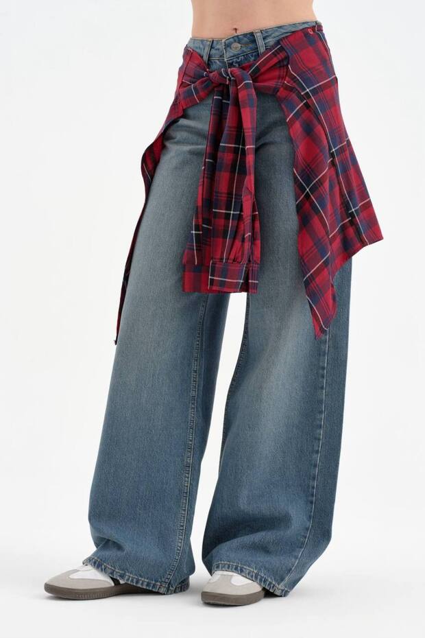 Women's Waist Plaid Shirt Fabric Removable Design Jeans as Per Request