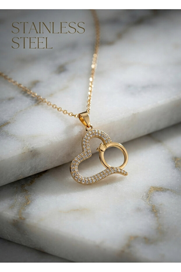 316L Steel Chain Gold Color Heart Pendant with Zircon Stone Ring