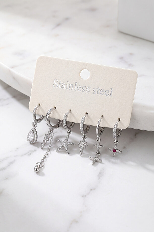 316L Steel Silver Color Star Detailed Women's Earring Set