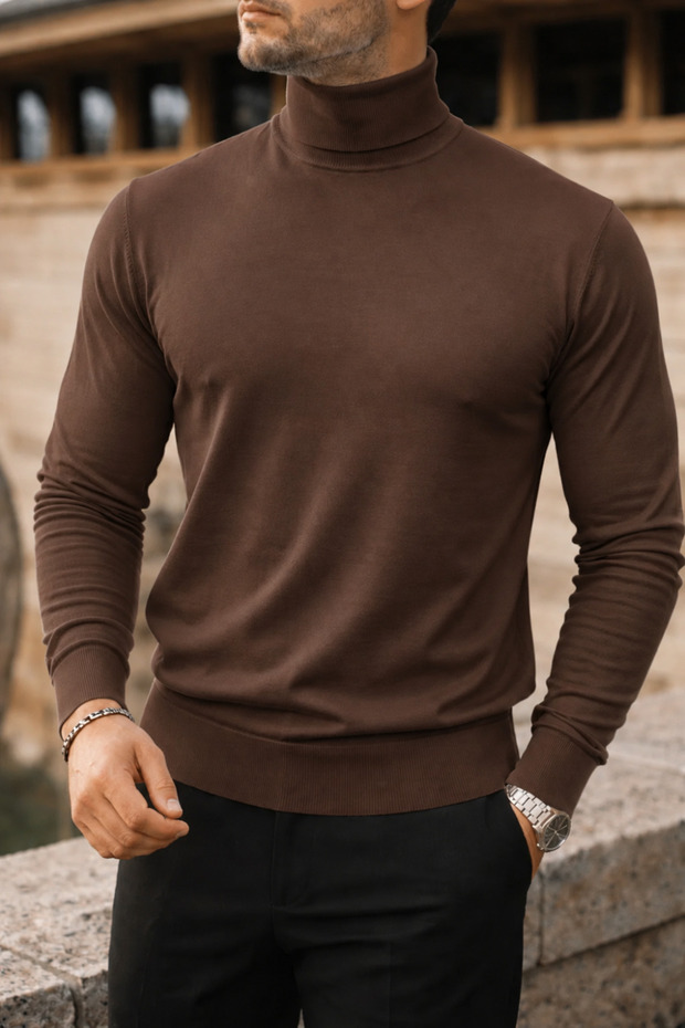 Men's Trendy Winter High-Neck Brown Knit Sweater