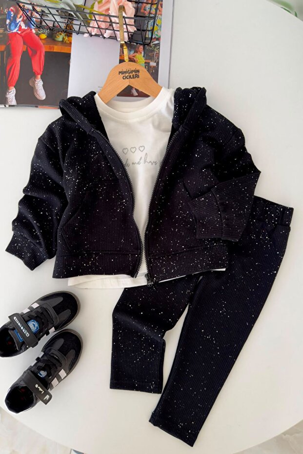 Crystal Stone Hooded Girls' 3-Piece Set - Black