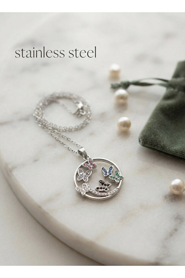 316L Steel Chain Silver Color Zircon Stone Butterfly Necklace