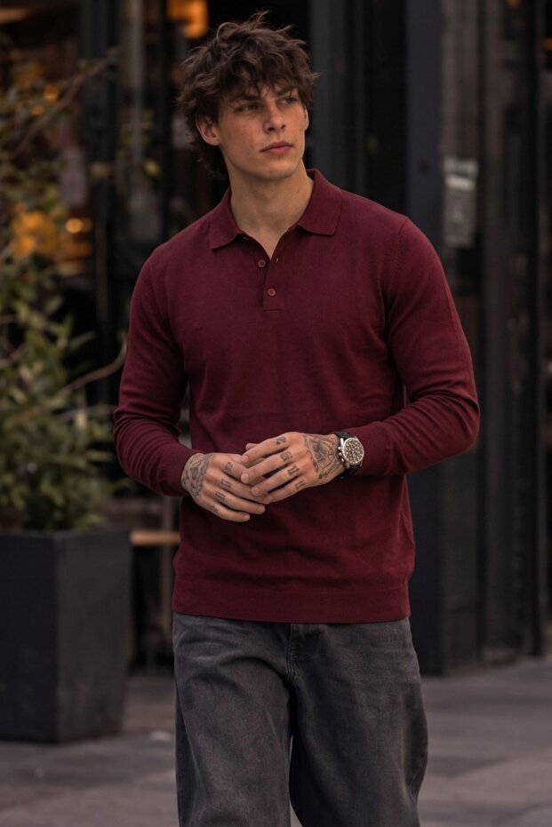Men's Shiny Pocketless Plain Pattern Burgundy Sweater