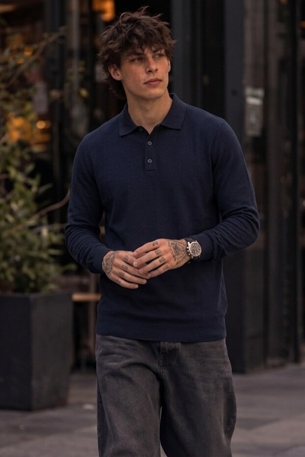 Men's Shiny Pocketless Plain Pattern Navy Blue Sweater