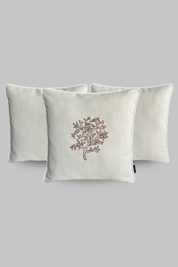 Embroidered Fish Pattern Decorative Water-Repellent Fabric with Piping Edges Cream 45*45 cm Triple Throw Pillow Cover Set Boat - Garden - Balcony
